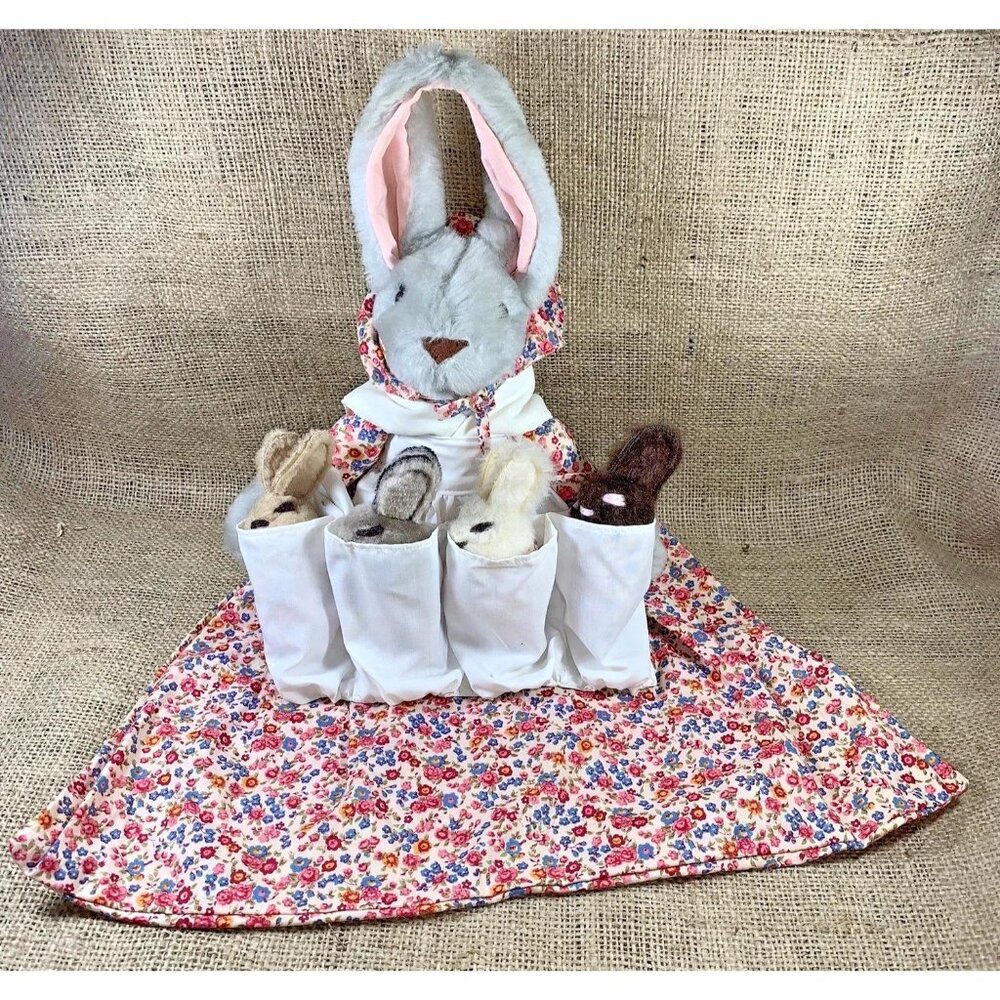 Vintage Handcrafted Plush Rabbit With Four Baby Bunnies & Storage